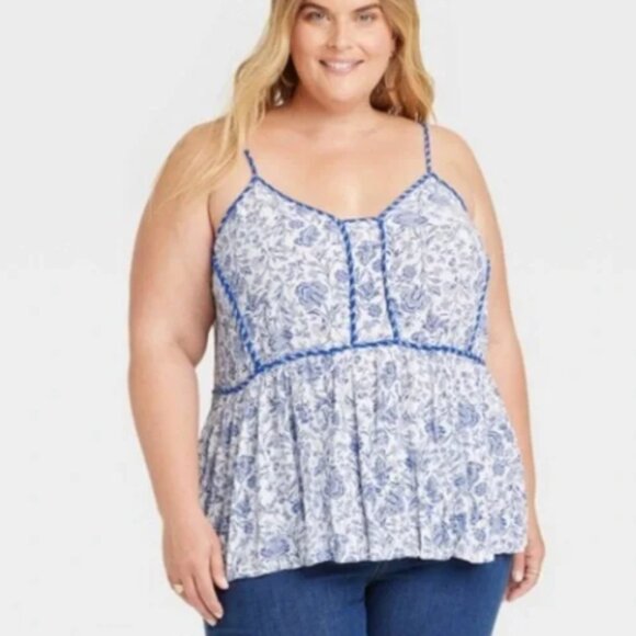 Knox Rose Tops - Knox Rose Women's Size 2X White & Blue Floral Boho Tank Top